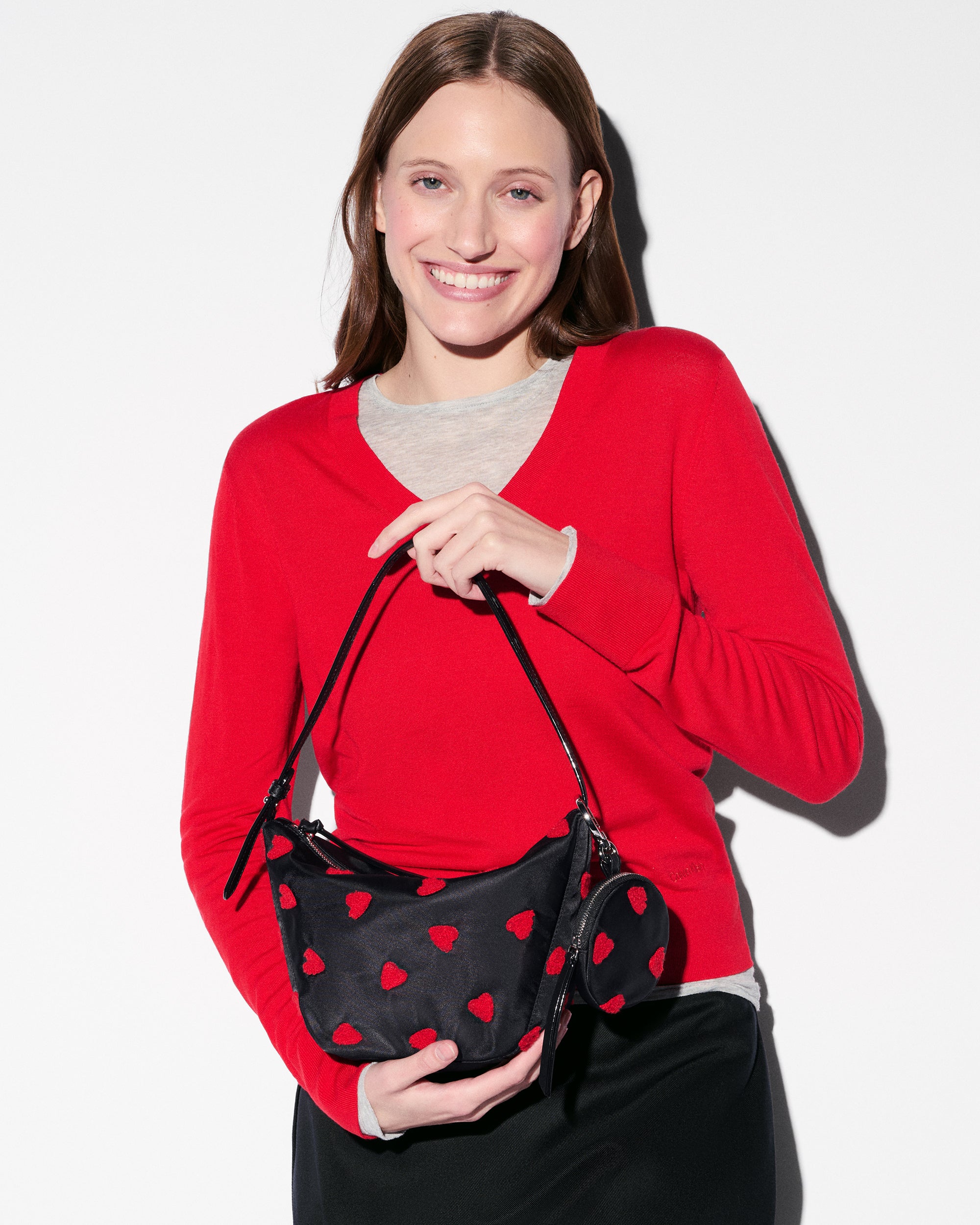 Black with Red Heart Flock Small Waverly Hobo - Image 7